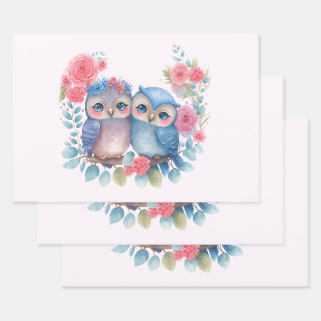 Owls in Love Sitting on a Tree Branch Wrapping Paper Sheet (Set)