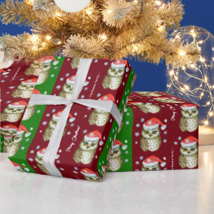 Owls in Santa Hats Christmas Pattern, Red & Green Wrapping Paper