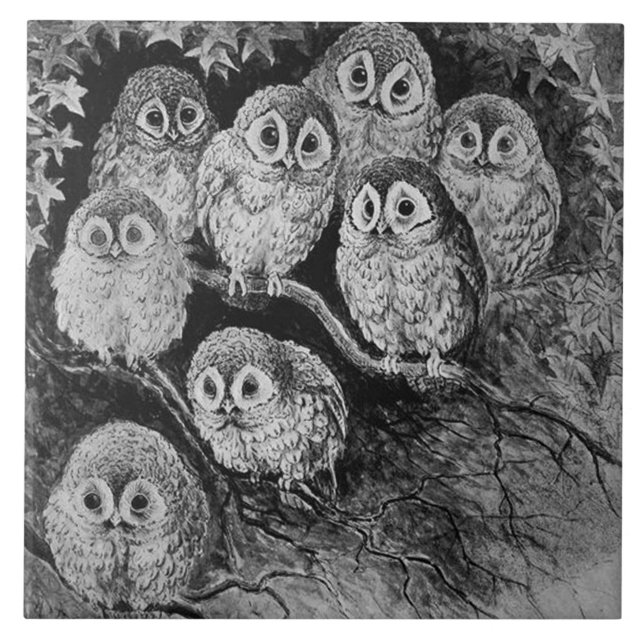 Owls in the Forest, Louis Wain Ceramic Tile (Front)