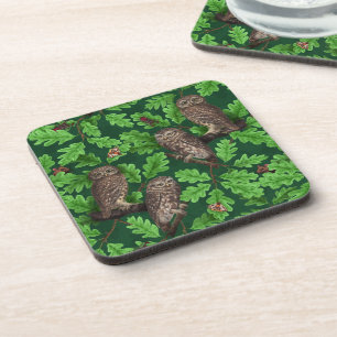 Owls in the forest on dark green coaster