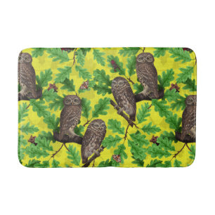 Owls in the Forest on lemon yellow Bath Mat