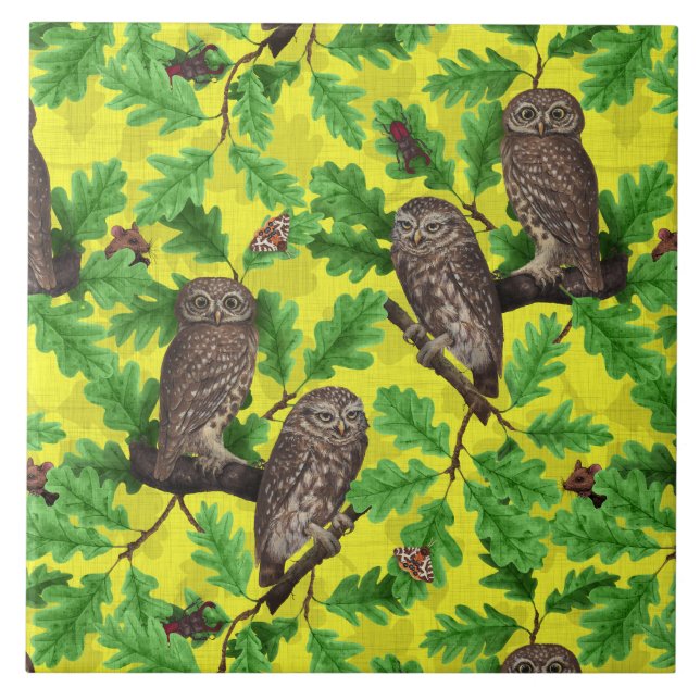Owls in the Forest on lemon yellow Ceramic Tile (Front)