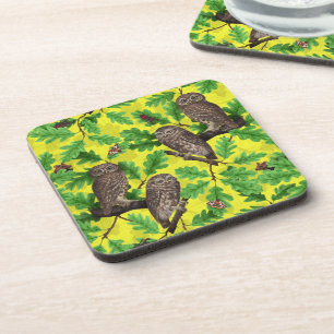 Owls in the Forest on lemon yellow Coaster