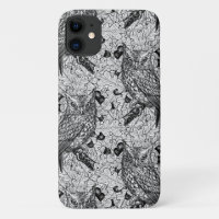 Owls in the oak tree, black and white
