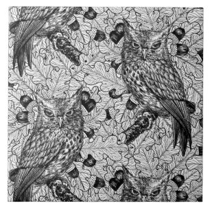 Owls in the oak tree, black and white ceramic tile