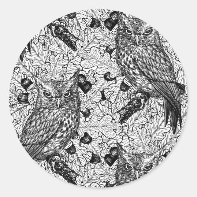 Owls in the oak tree, black and white classic round sticker (Front)