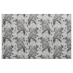 Owls in the oak tree, black and white fabric