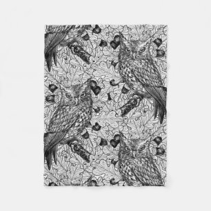 Owls in the oak tree, black and white fleece blanket