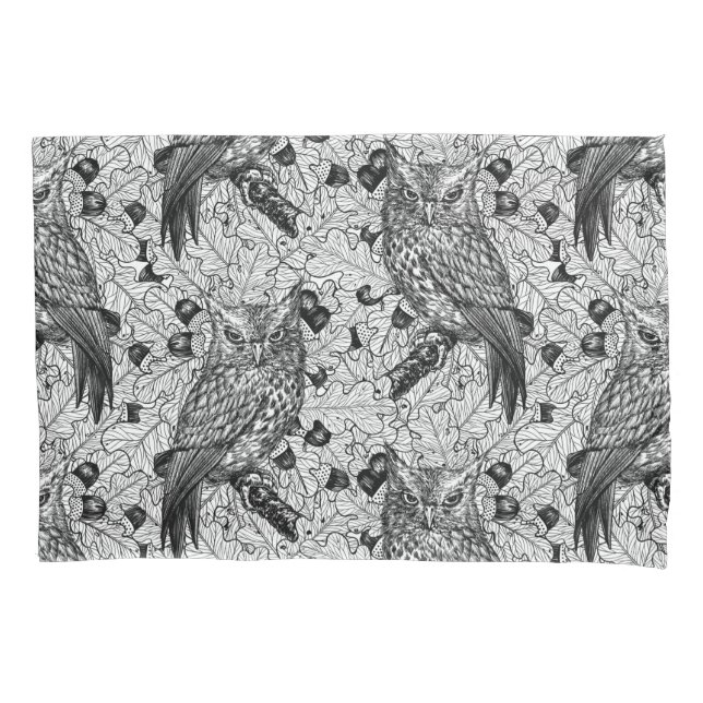Owls in the oak tree, black and white pillowcase (Front-Left)