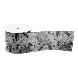 Owls in the oak tree, black and white satin ribbon