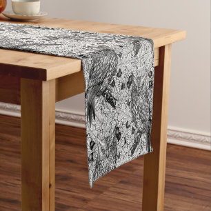 Owls in the oak tree, black and white short table runner