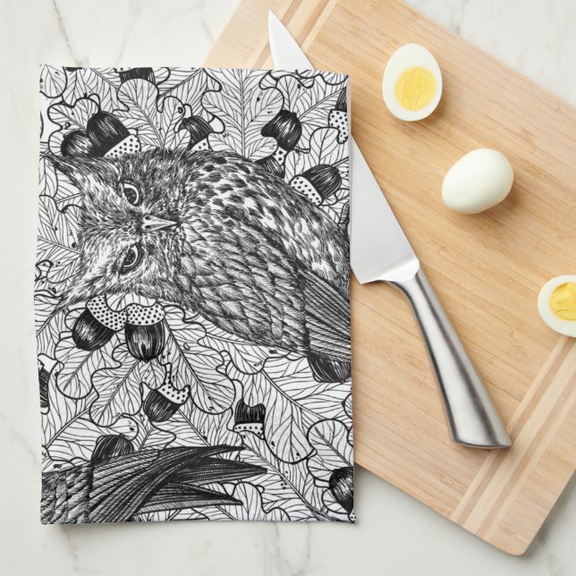 Owls in the oak tree, black and white tea towel (Quarter Fold)