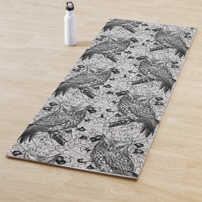 Owls in the oak tree, black and white yoga mat (In Situ)