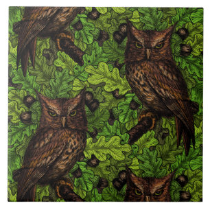 Owls in the oak tree, green and brown ceramic tile