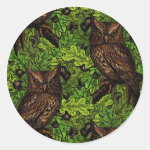 Owls in the oak tree, green and brown classic round sticker