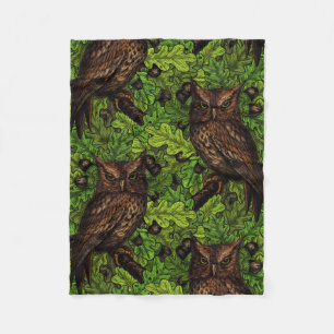 Owls in the oak tree, green and brown fleece blanket