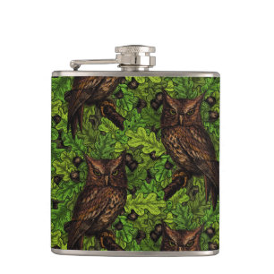 Owls in the oak tree, green and brown hip flask
