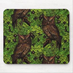 Owls in the oak tree, green and brown mouse pad