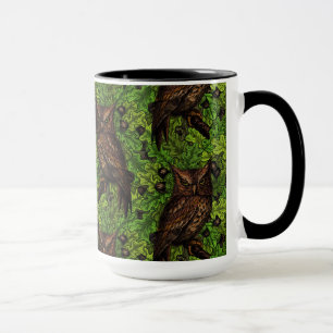 Owls in the oak tree, green and brown mug