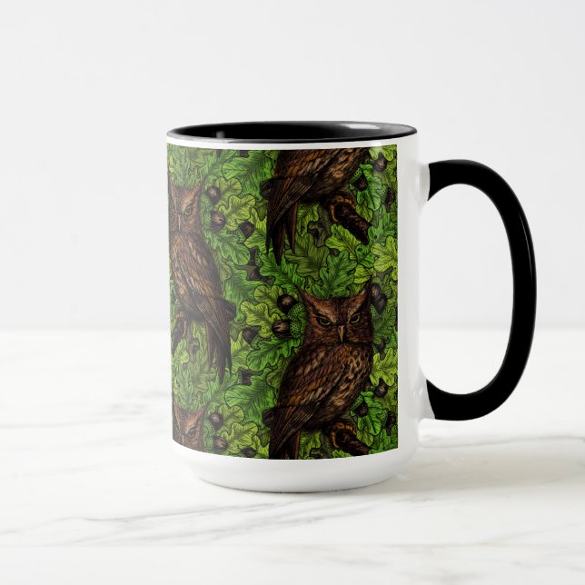 Owls in the oak tree, green and brown mug (Right)