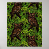 Owls in the oak tree, green and brown