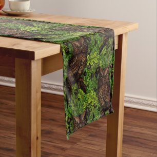 Owls in the oak tree, green and brown short table runner