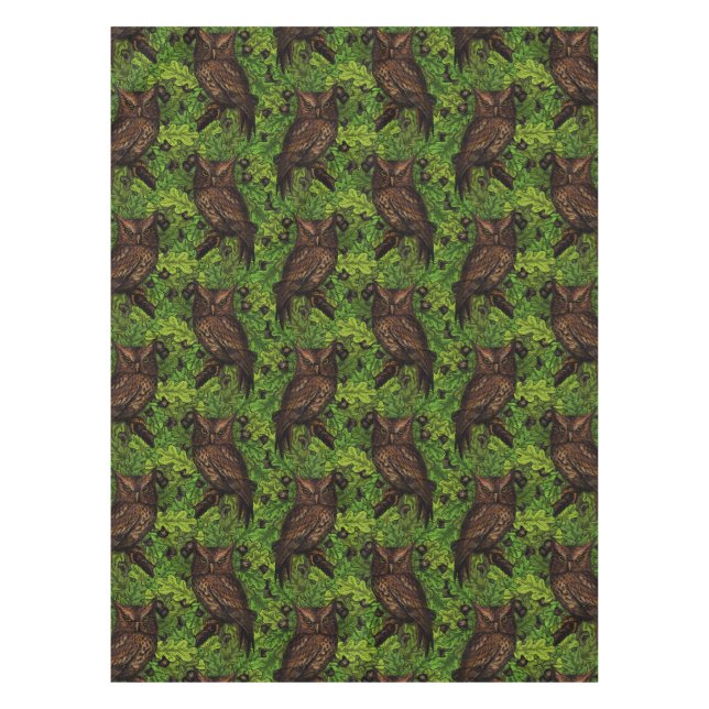Owls in the oak tree, green and brown tablecloth (Front)
