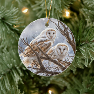 Owls in the Snow Winter Christmas Ceramic Ornament