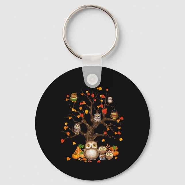 Owls Leaves Tree Fall Autumn Pumpkin Halloween Owl Key Ring (Front)