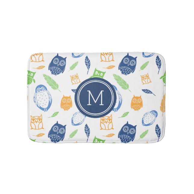 Owls Lime Orange Navy Blue Monogram Bathmat (Front)