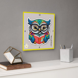 "Owl's Literary Nest" Square Wall Clock