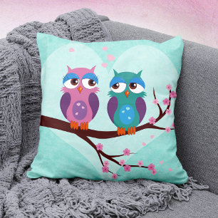Owls Love in Spring Cute Cartoon Birds on Blue Cushion