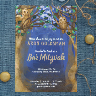 Owls, Misty Forest, Blue, Beige Bar Mitzvah Invite