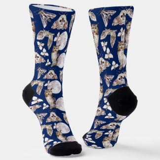 Owls Moths Full Moon On Dark Blue Socks