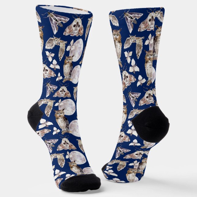 Owls Moths Full Moon On Dark Blue Socks (Angled)