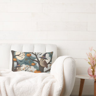 Owls on branches wearing witch's hat lumbar cushion