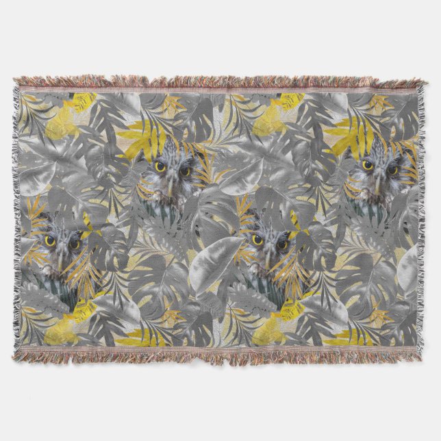 Owls, peeping, through, grey, & yellow, leaves throw blanket (Front)