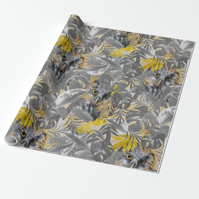 Owls - Plant leaves in Grey /Yellow 2021 colours Wrapping Paper (Unrolled)