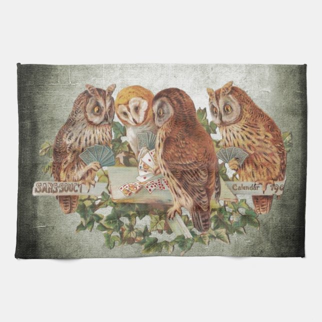 Owls playing tea towel (Horizontal)