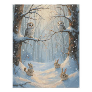 Owls, Rabbits, and Woodland in the Snow Poster
