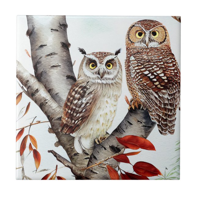  Owls sitting in a White Birch Tree in Autumn Ceramic Tile (Front)