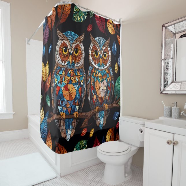 Owls Stained Glass Mosaic bathroom Shower Curtain (In Situ)