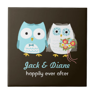 Owls Wedding - Bride and Groom with Custom Text Ceramic Tile