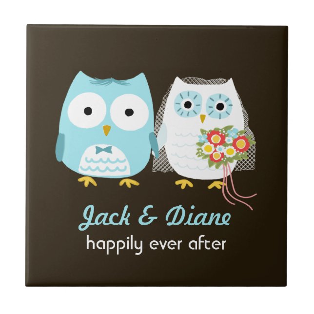 Owls Wedding - Bride and Groom with Custom Text Ceramic Tile (Front)