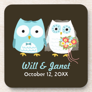 Owls Wedding - Bride and Groom with Custom Text Coaster