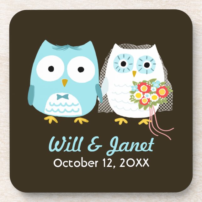Owls Wedding - Bride and Groom with Custom Text Coaster (Front)
