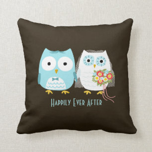 Owls Wedding - Bride and Groom with Custom Text Cushion