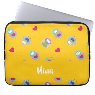 Owls with hearts on orange laptop sleeve