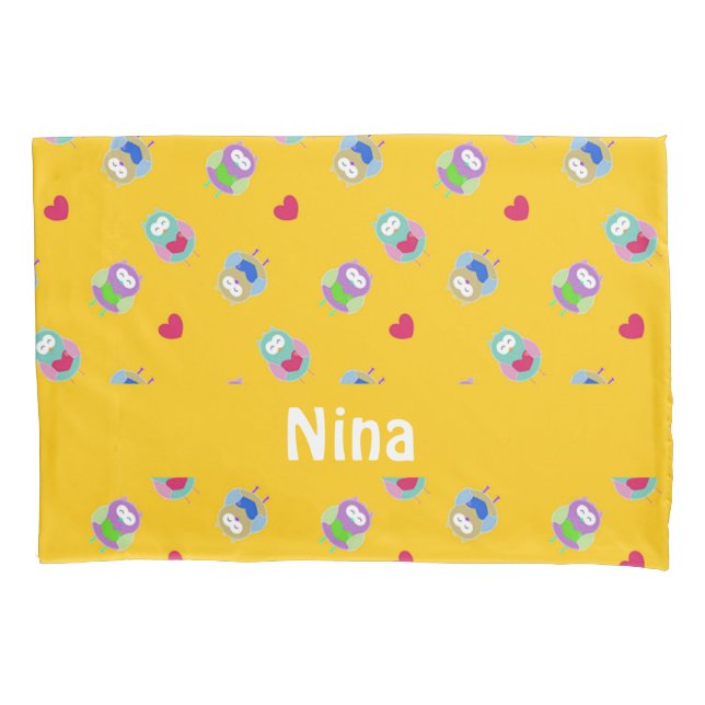 Owls with hearts on orange  pillowcase (Front)