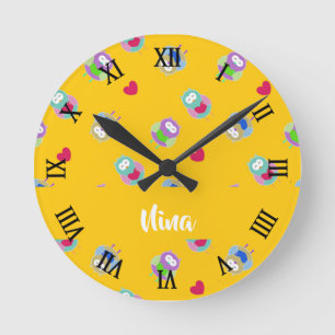 Owls with hearts on orange round clock